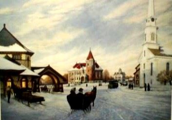 Peter Ferber's painting of Gale Library at Evenfall in the snow with a horse carriage in front