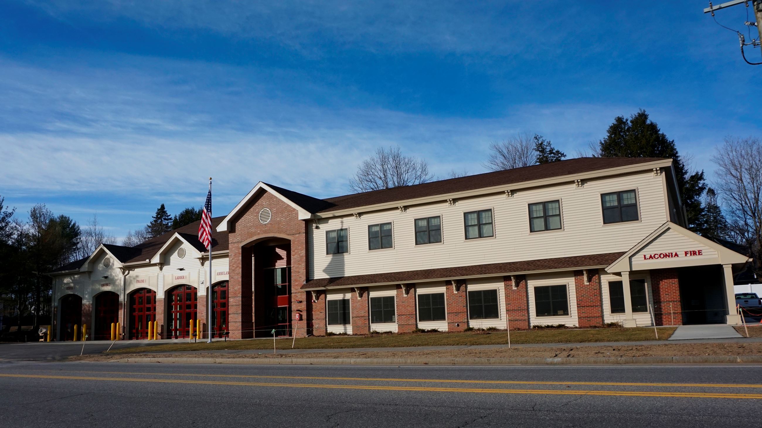 Central station view from North Main Street, view of bay doors and front of station.